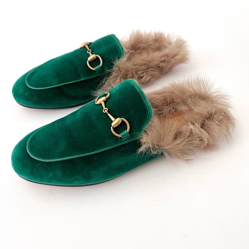 GUCCI | Princetown Fur Horsebit Green Emerald Velvet Velour Mule Slipper Flat - Picture 1 of 11